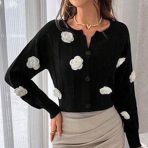 3D FLOWER Soft Black Textured Cardigan Sweater S